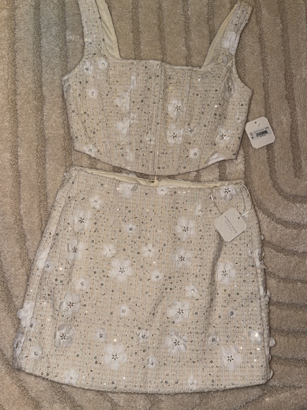 Cream Floral Sequin Two-Piece Dress Set